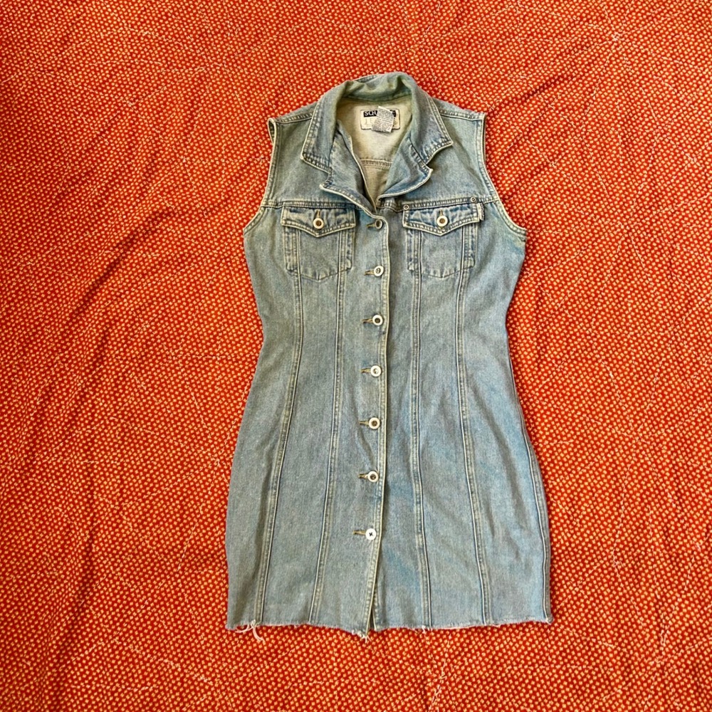 Vintage 90s Squeeze Jeans Denim Vest Dress Blue Button Front Mini Medium